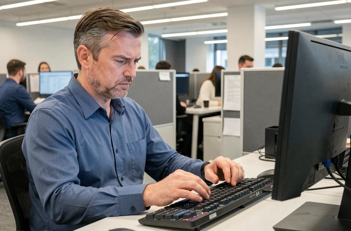Homme en open space cherchant le symbole arobase sur un nouveau clavier mécanique