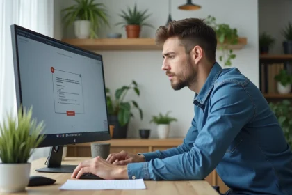 Jeune homme concentré devant son ordinateur dans un bureau moderne
