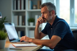 Homme d'âge moyen au bureau regardant un écran d'ordinateur