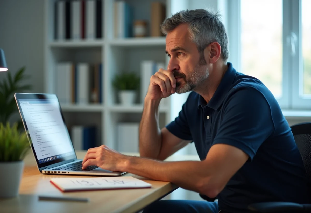 Homme d'âge moyen au bureau regardant un écran d'ordinateur
