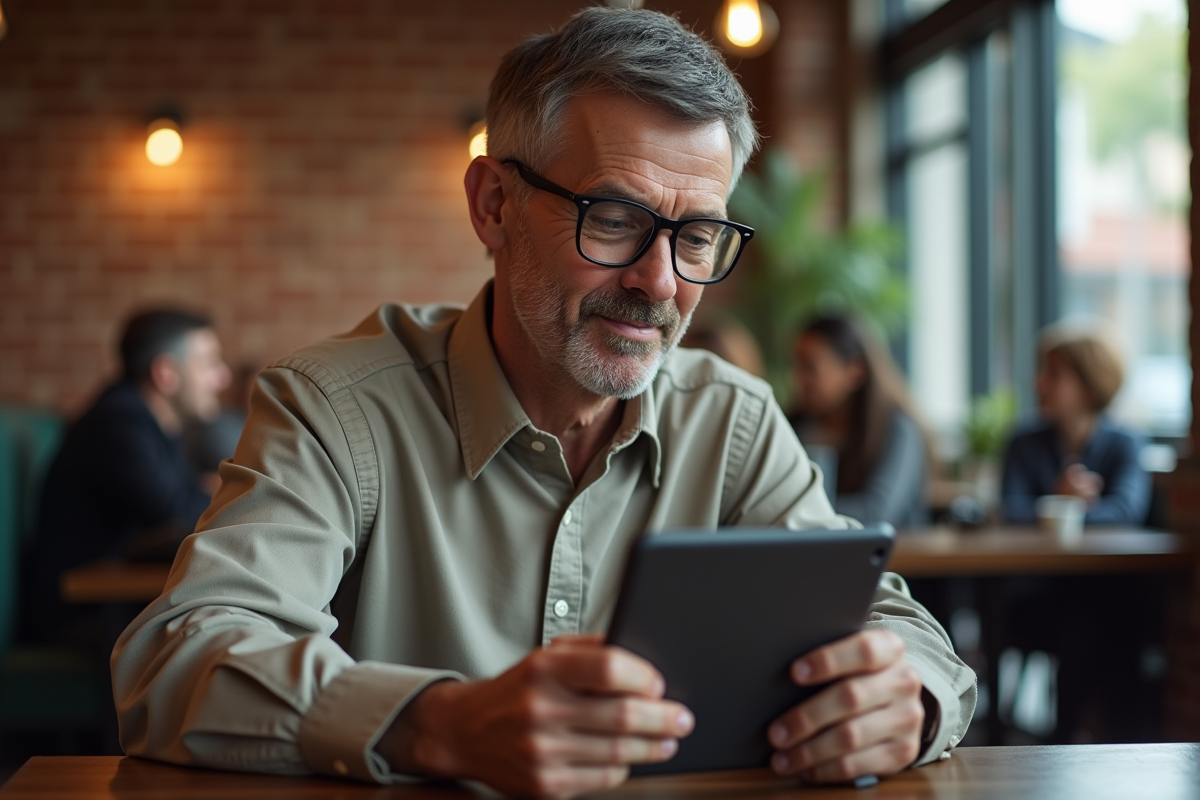 Homme lisant des épisodes de podcast dans un café