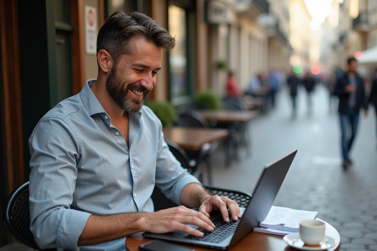 Homme travaillant en extérieur sur un ordinateur dans un café