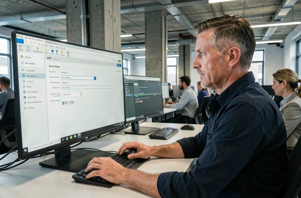 Homme configurant un client mail local avec un compte IONOS dans un bureau professionnel en open space