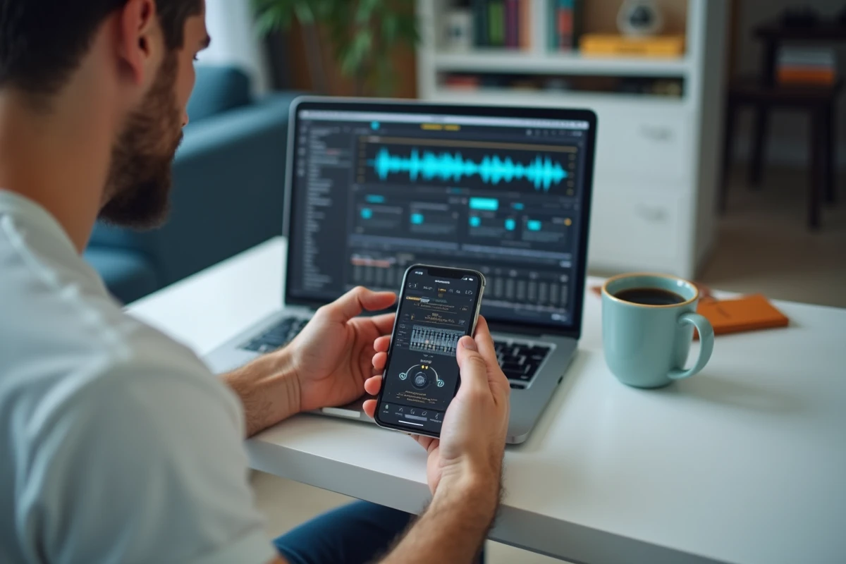 Homme configurant une sonnerie iPhone avec GarageBand depuis son bureau, entouré d'un MacBook et d'accessoires audio