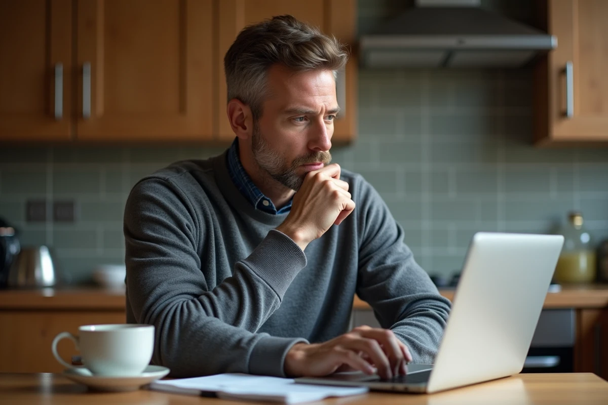 Homme pensif utilisant son ordinateur dans la cuisine