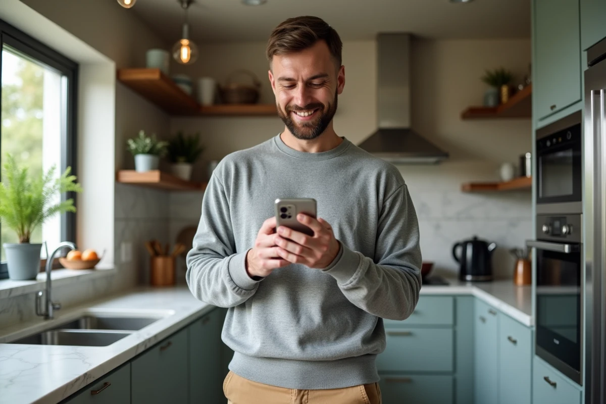 Homme souriant vérifiant ses messages dans la cuisine