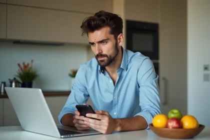 Homme concentré vérifiant son smartphone dans la cuisine