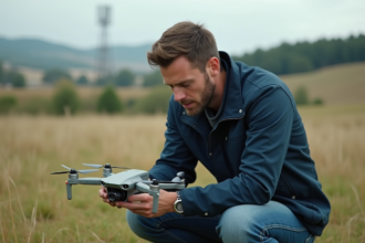 Homme inspectant un drone dans un champ rural