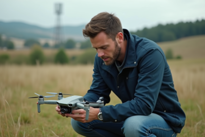 Homme inspectant un drone dans un champ rural