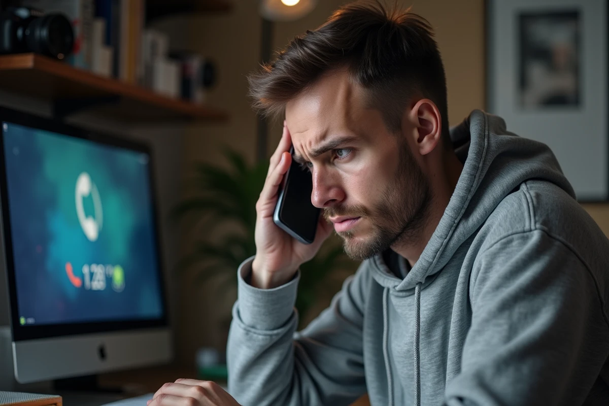 Homme frustré au téléphone tentant de contacter le support PlayStation saturé depuis son bureau
