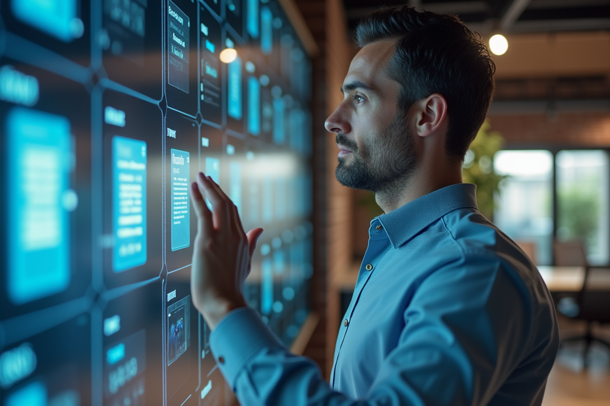 Homme utilisant un grand écran de gestion de fichiers numériques