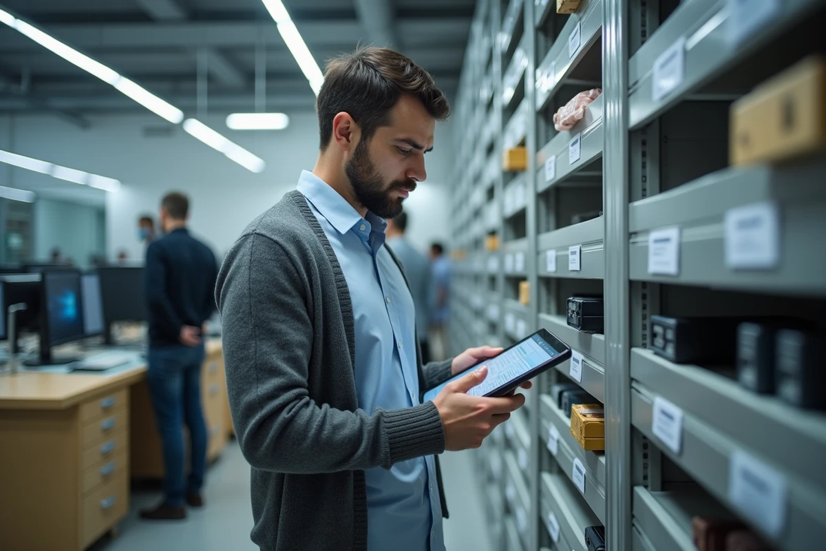 Homme inspecte un inventaire numérique dans un laboratoire moderne