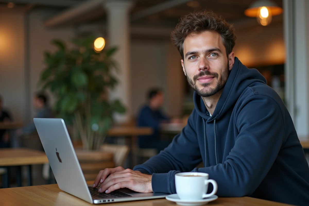 Homme travaillant sur un logiciel de traitement de texte gratuit sur Mac dans un café