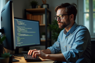 Homme en train de mettre à jour le BIOS sur son PC à domicile