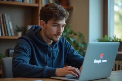 Homme utilisant un navigateur sur un ordinateur portable pour accéder à Google USA