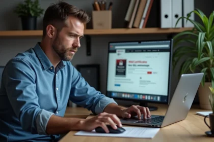 Homme concentré devant un ordinateur avec avertissement SSL