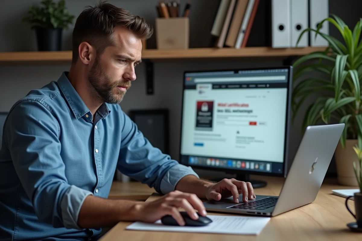 Homme concentré devant un ordinateur avec avertissement SSL