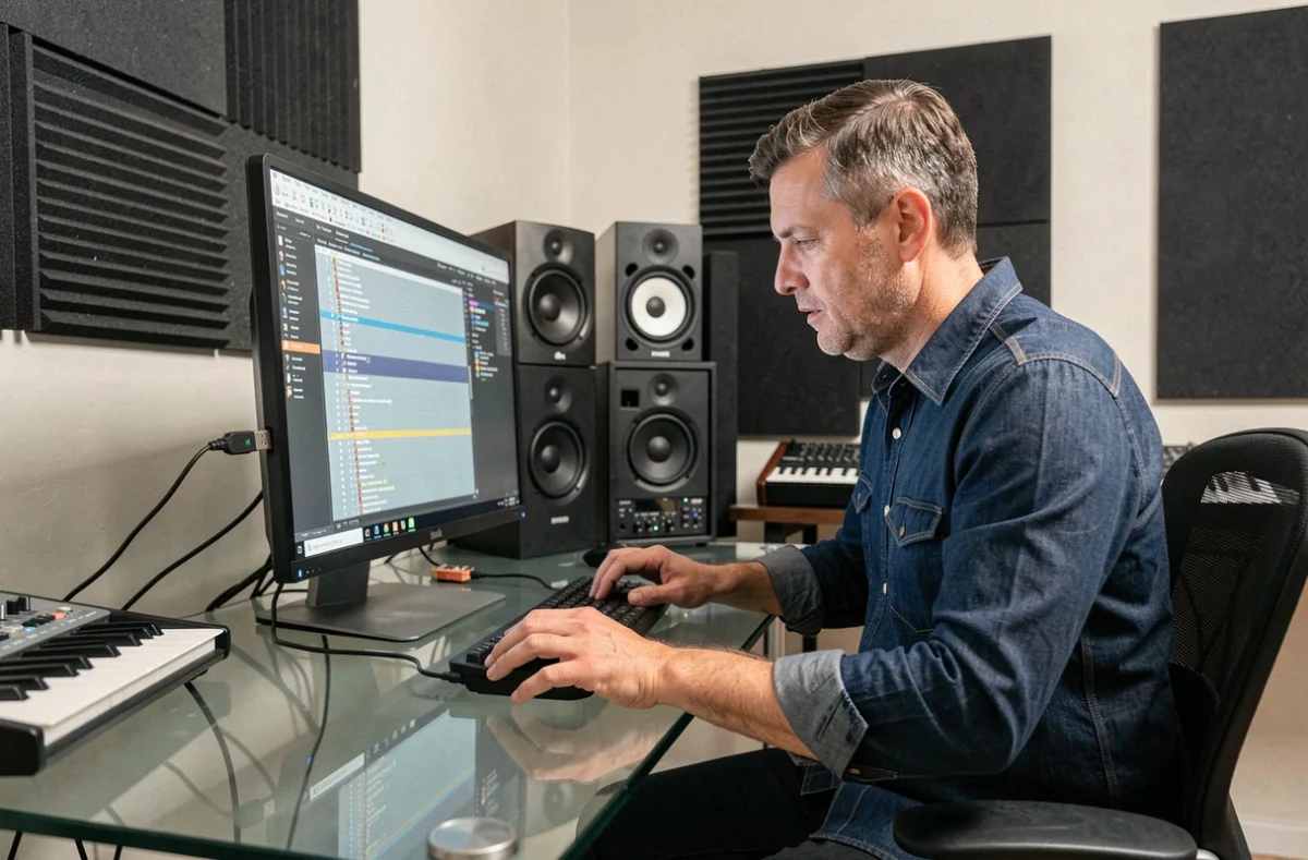 Homme organisant des fichiers audio haute qualité sur ordinateur de bureau avec clé USB dans un home studio