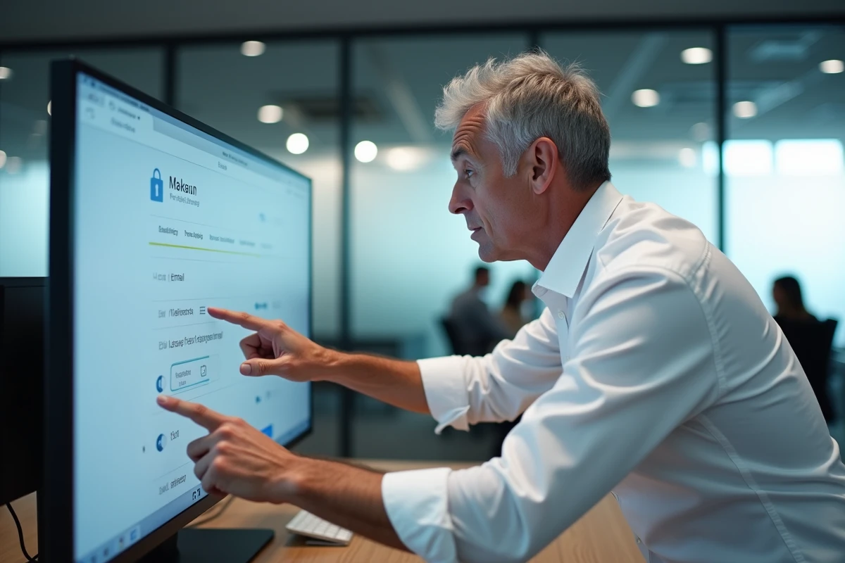 Homme en entreprise consultant les paramètres de confidentialité des emails sur un grand écran dans un open space moderne