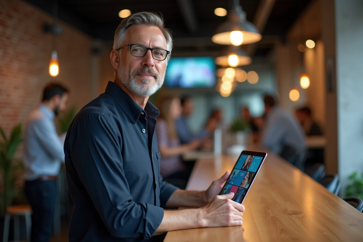 Homme consultant une plateforme d'images générées par IA sur tablette dans un espace de coworking