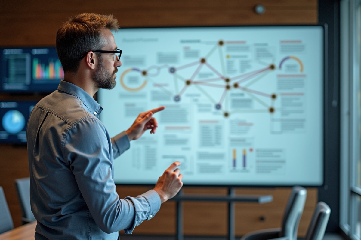 Homme avec tableau blanc numérique montrant des diagrammes de vulnérabilites
