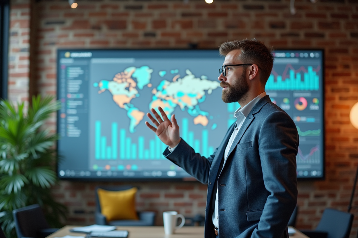 Homme expliquant des algorithmes SEO devant un tableau interactif