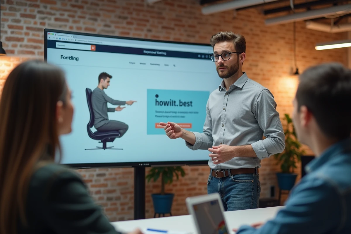 Jeune homme confiant présentant un site web à ses collègues