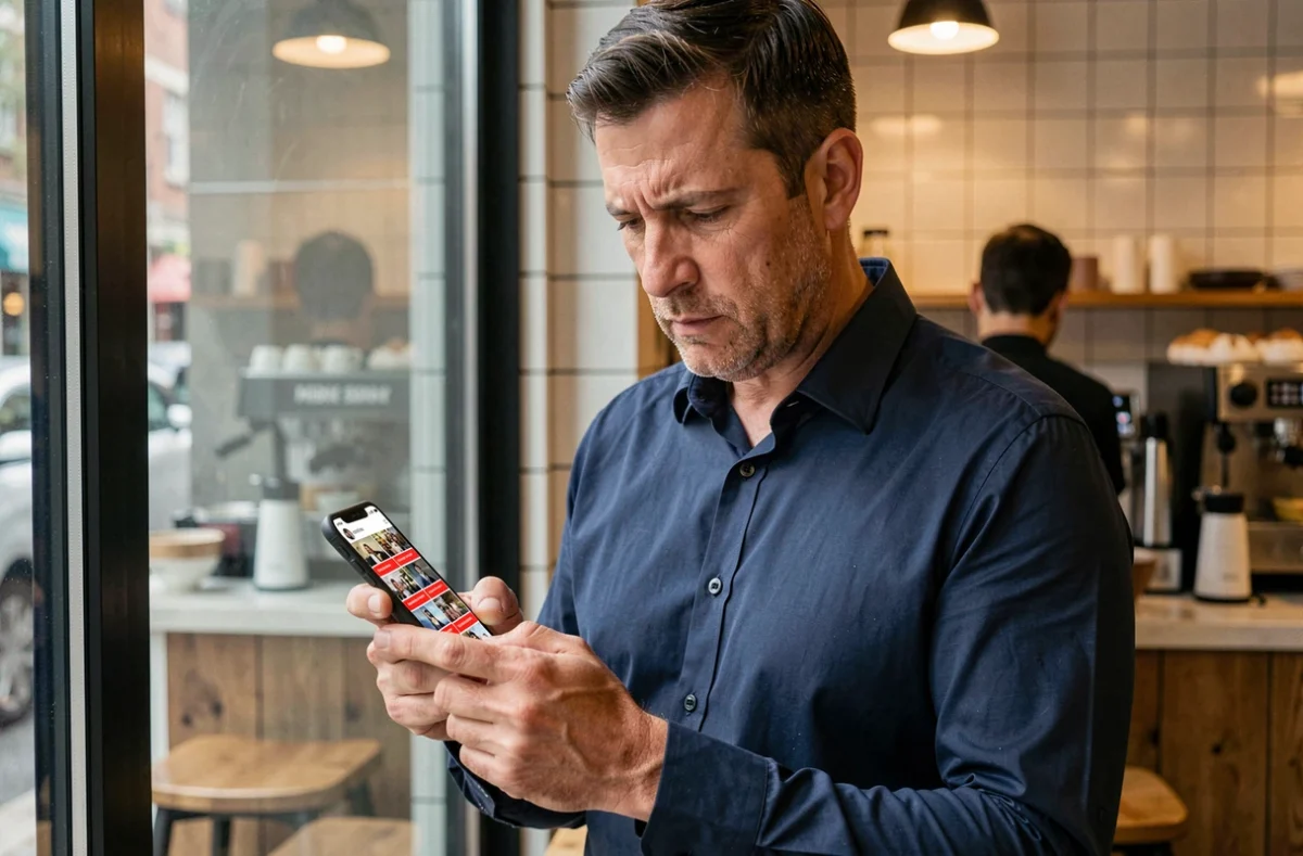 Homme dans un café consultant son smartphone avec des résultats de recherche inversée d'images sur les réseaux sociaux