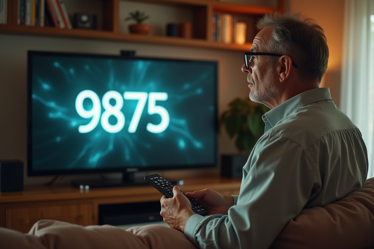 Homme regardant la télévision avec un numéro affiché