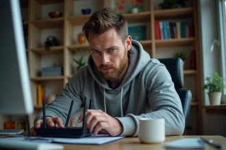 Homme examinant un routeur internet à son bureau