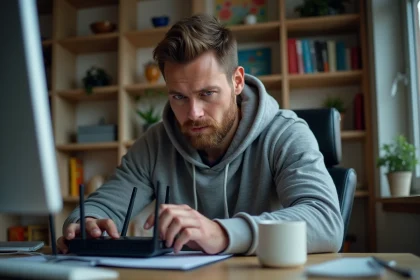 Homme examinant un routeur internet à son bureau