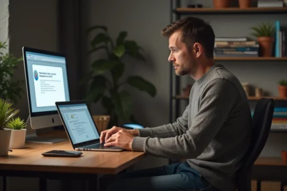 Homme d'âge moyen dans un bureau moderne regardant un ordinateur