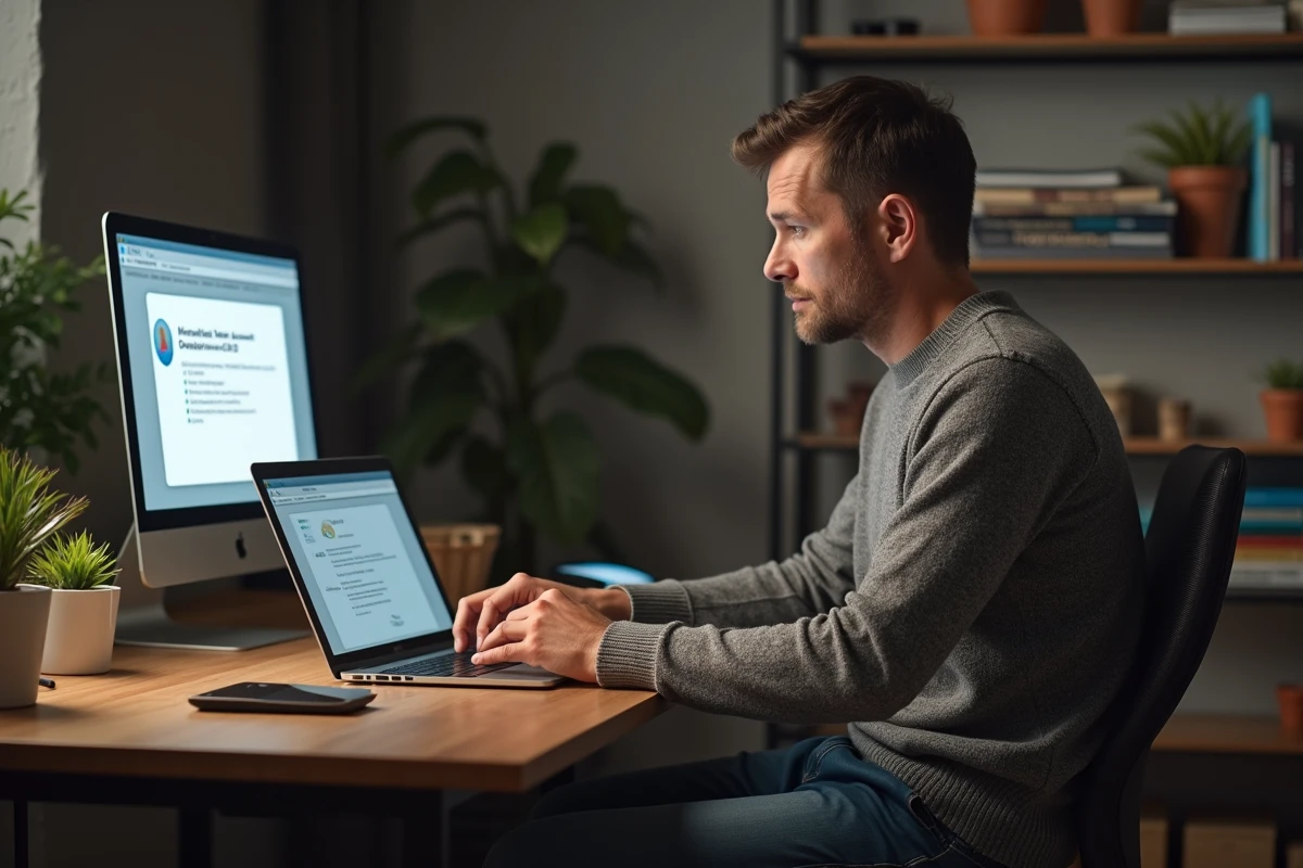 Homme d'âge moyen dans un bureau moderne regardant un ordinateur