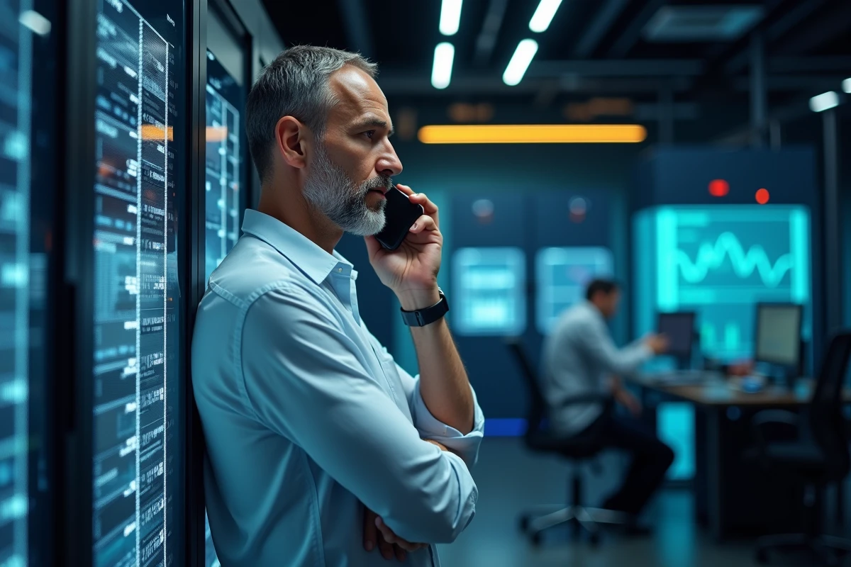 Homme d affaires parlant à son smartphone près de serveurs