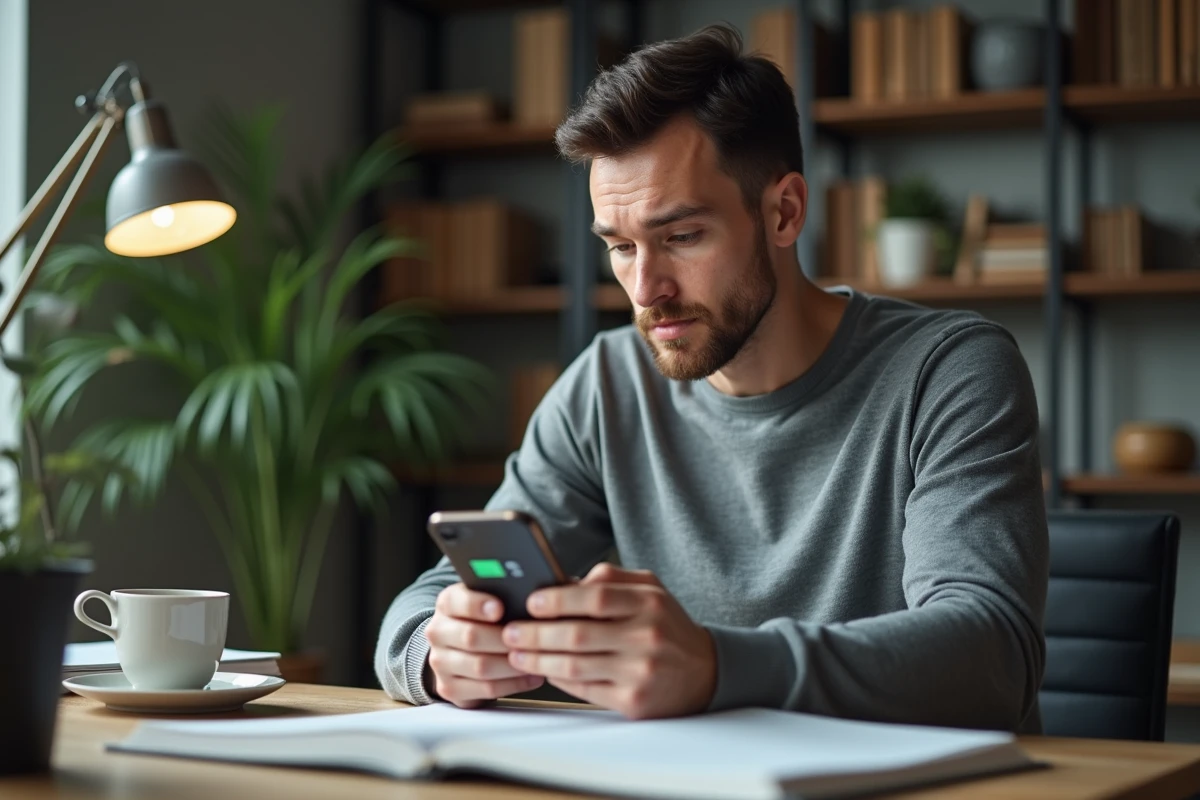 Homme tenant un smartphone Android affichant le niveau de batterie dans un bureau à domicile moderne