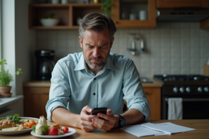 Homme d'âge moyen seul à la cuisine avec smartphone