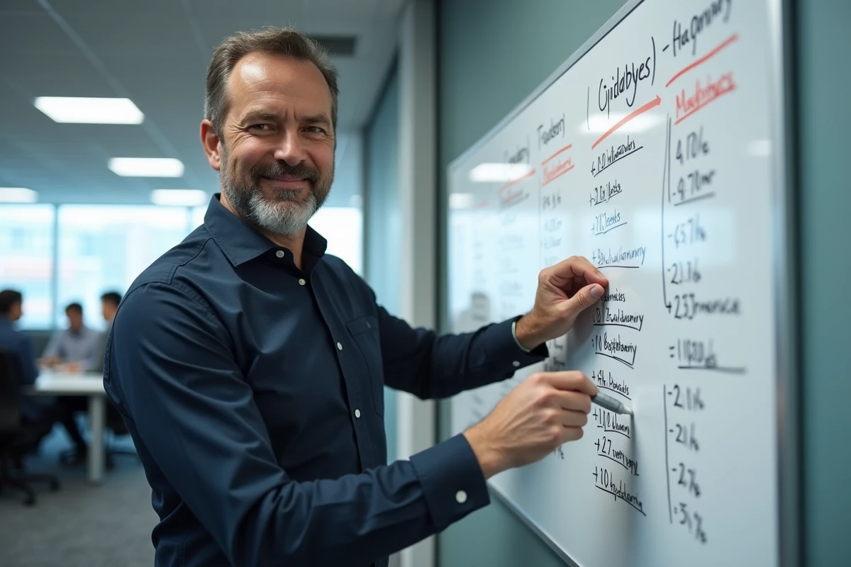 Homme présentant un tableau de conversion d'unités numériques Go et Mo sur un tableau blanc en bureau