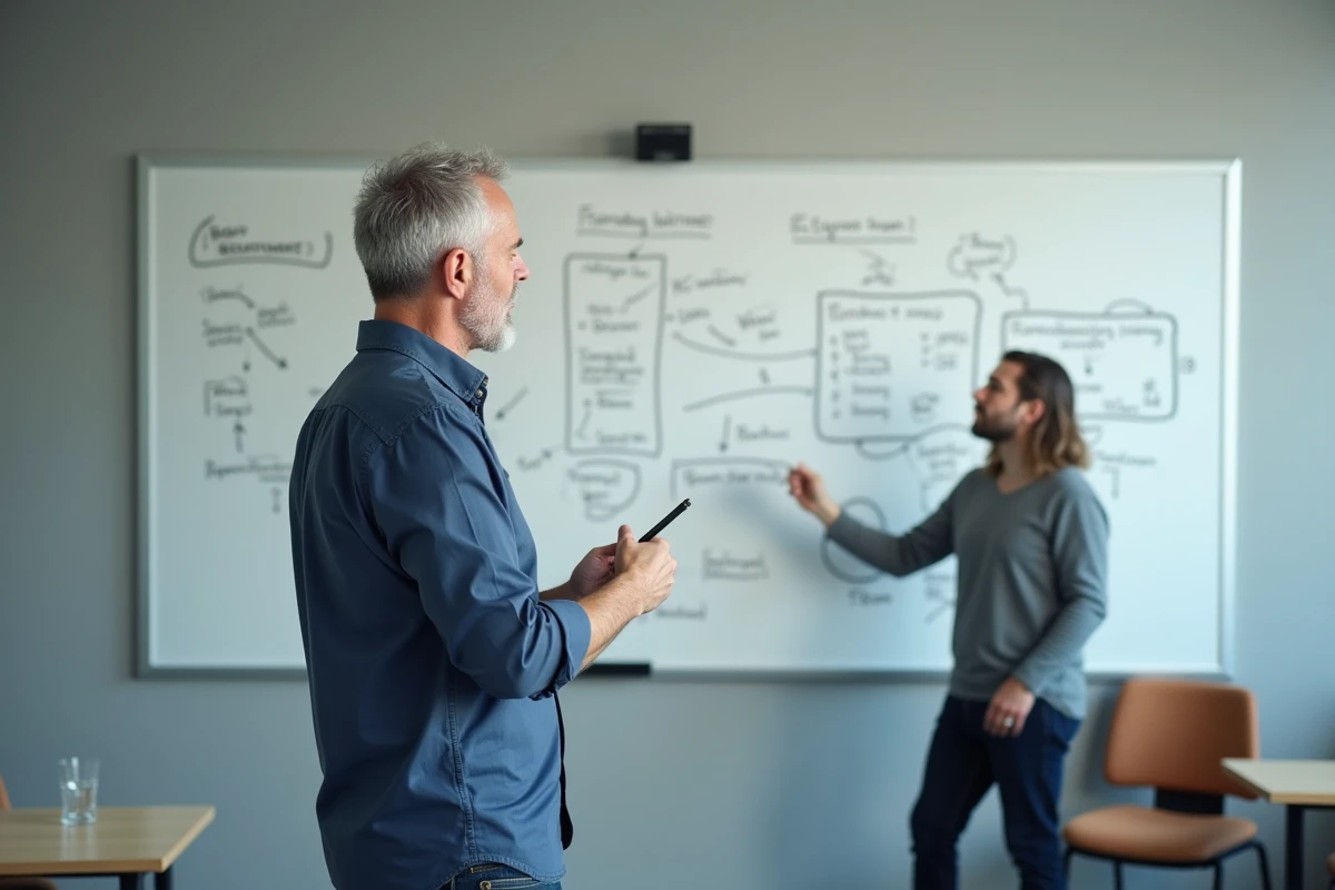 Homme expliquant un concept simplifié devant un tableau blanc avec des schémas dans une salle de séminaire