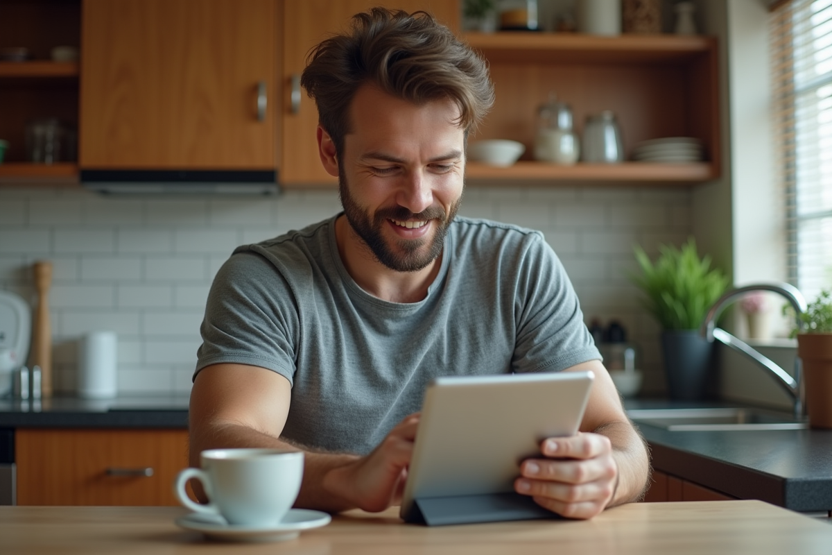 Homme relaxe utilisant une tablette dans la cuisine