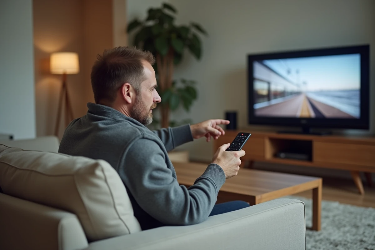 Homme frustré tenant une télécommande Free qui ne fonctionne pas face à sa télévision