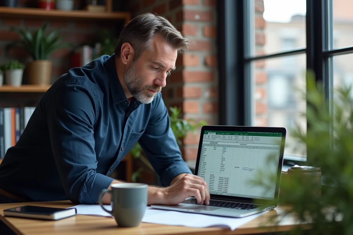 Homme en télétravail consultant un fichier Excel sur laptop avec feuilles imprimées et tasse de café sur bureau en bois