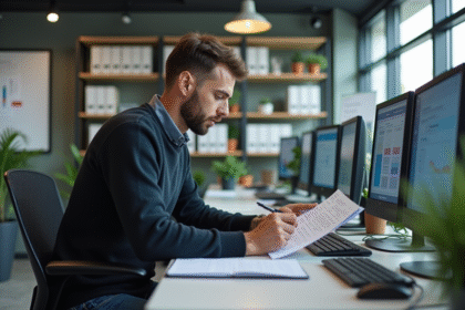 Homme concentré travaillant sur logs dans un bureau moderne