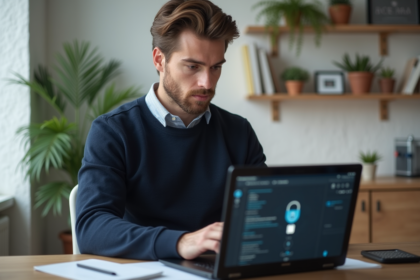 Jeune homme au bureau avec connexion securisee