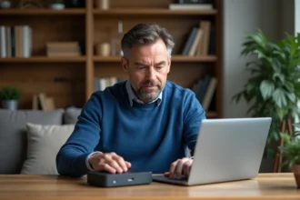 Homme d'âge moyen vérifiant sa box internet dans un salon cosy
