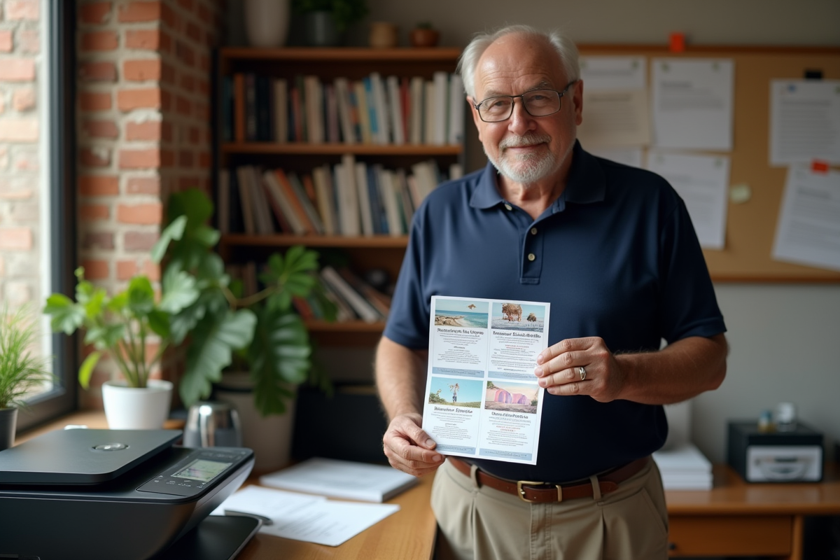 Homme vérifiant des flyers imprimés dans un bureau à domicile