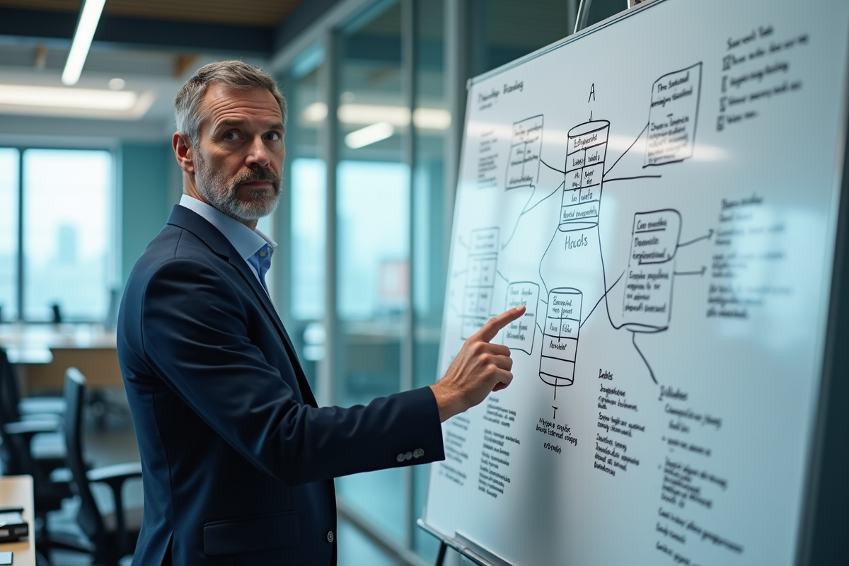 Homme expliquant diagrammes sur whiteboard
