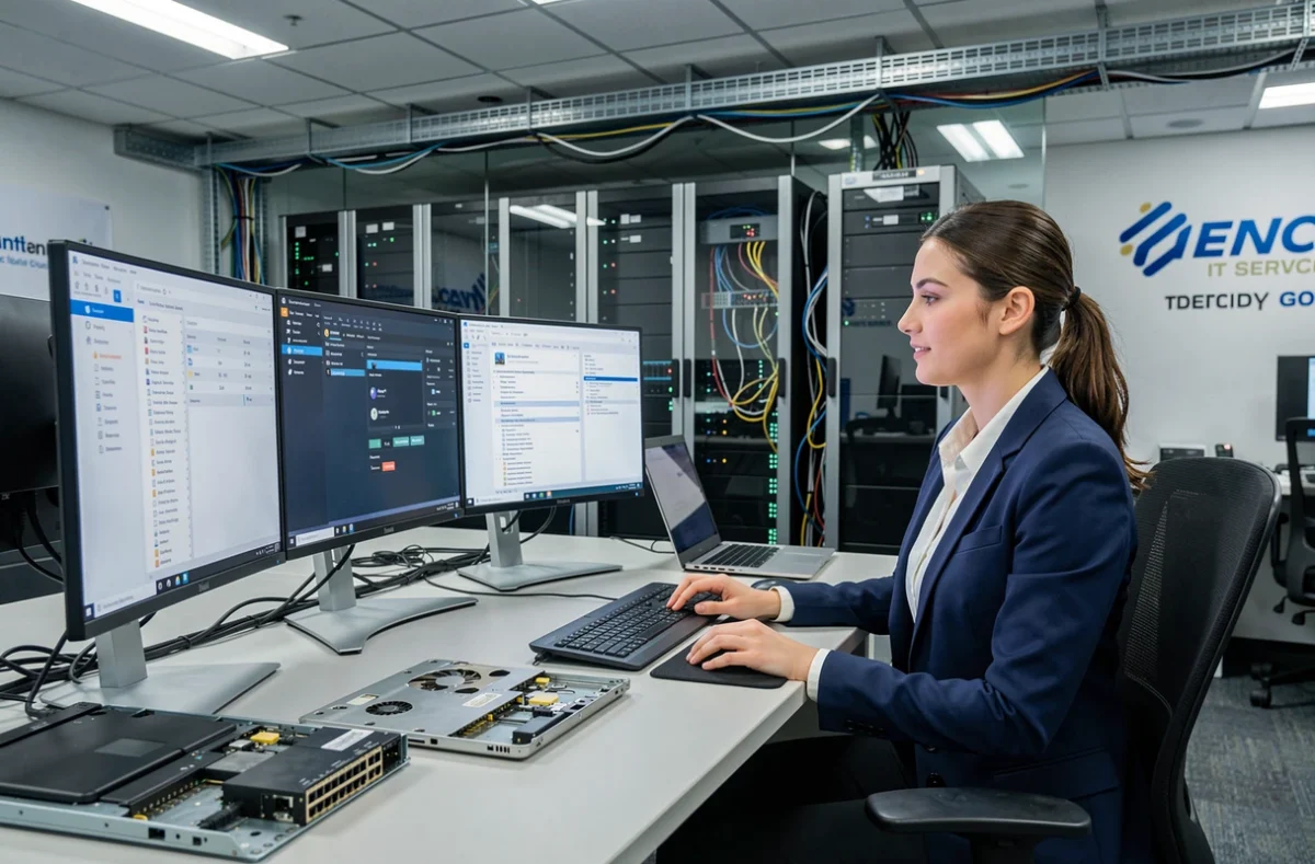 Technicienne d'InfoSolutions73 gérant plusieurs services informatiques polyvalents sur ses écrans