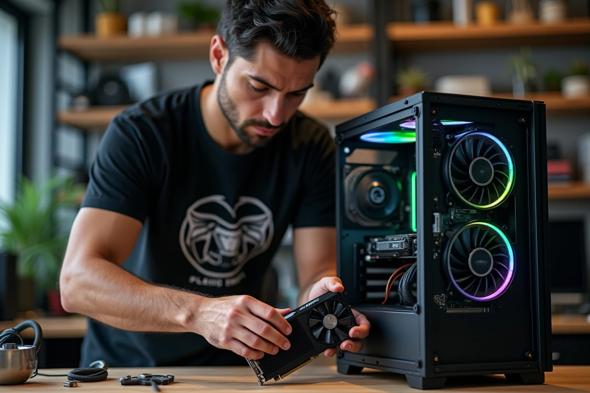 Technicien installant une carte graphique RTX haute performance dans un PC de bureau ouvert sur un établi d'atelier informatique