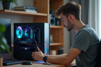 Jeune homme installant un watercooling dans un PC
