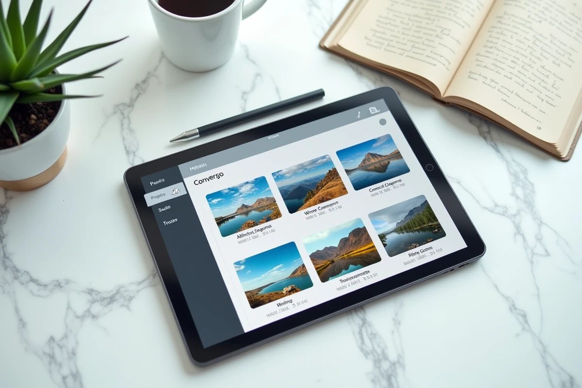 Tablette affichant une interface de conversion d'images JFIF en JPEG avec aperçus de qualité et tailles de fichiers